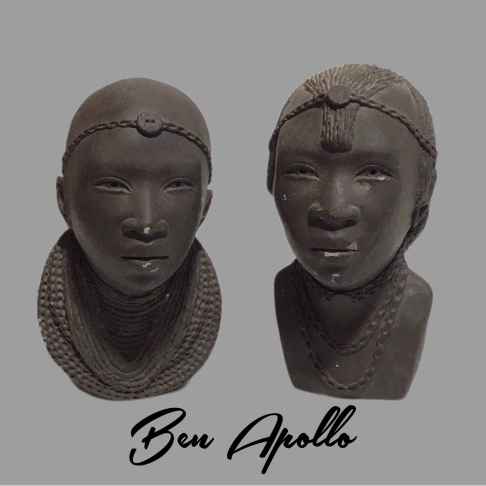 BEN APOLLO African Kenya Tribal Art “Maasai Man”, “Maasai Lady” Clay Busts, 3.5”